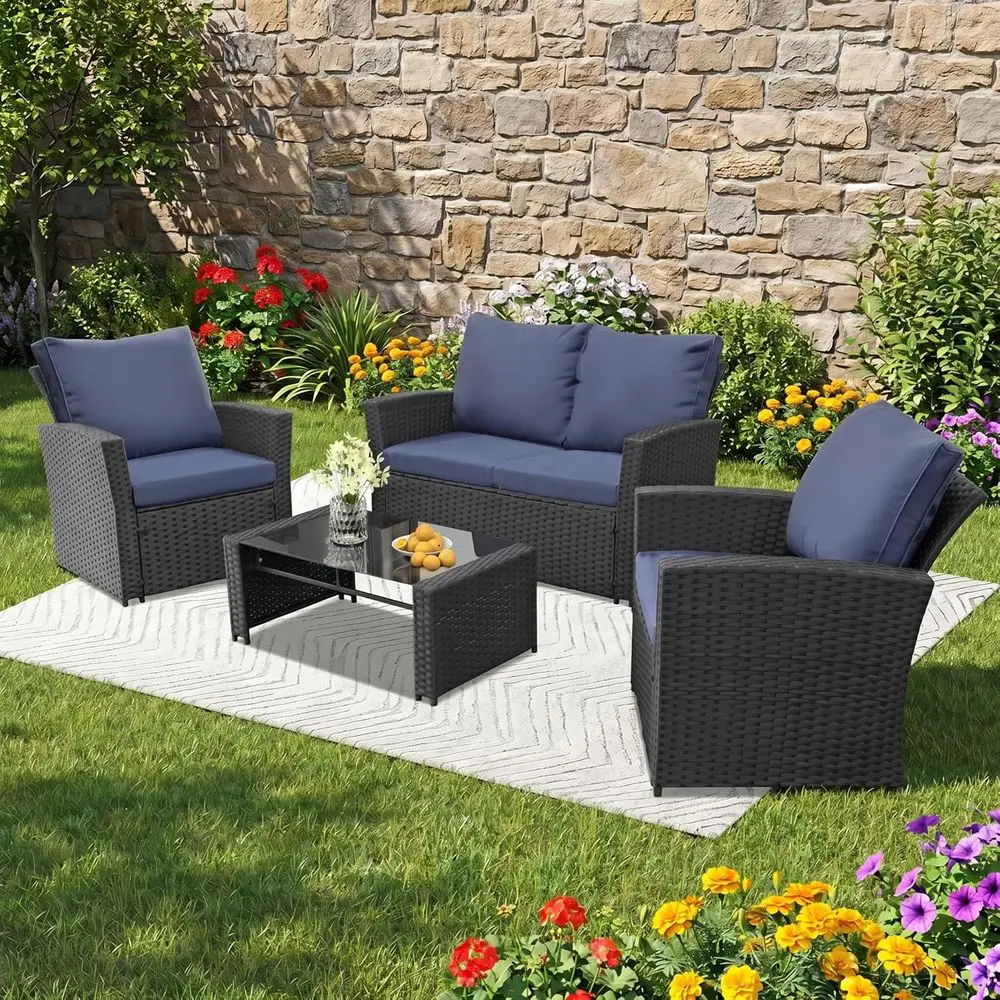 

All-Weather Wicker Outdoor Furniture Set with Cushions and Glass Table, Black/Blue