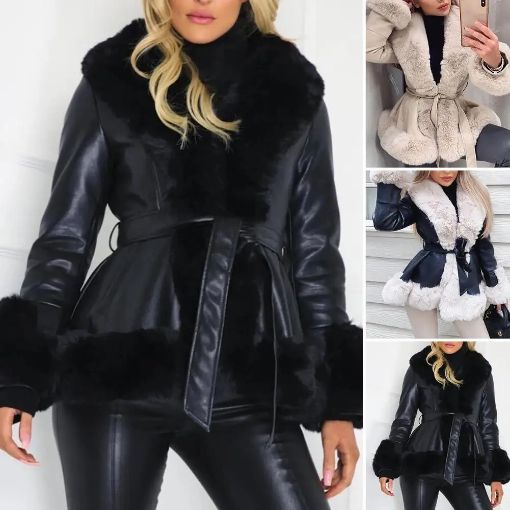 Stylish Women Coat  Pockets Warm Jacket Coat  Winter Solid Color Plush Collar Trim Faux Leather Jacket