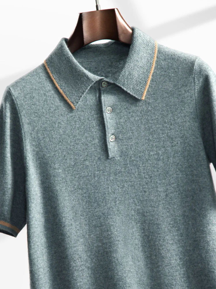 Men's Half Sleeve Cashmere Polo Collar Pullover 100% Cashmere Knitwear Smart Casual Basic Sweater Spring Autumn High Quality Top