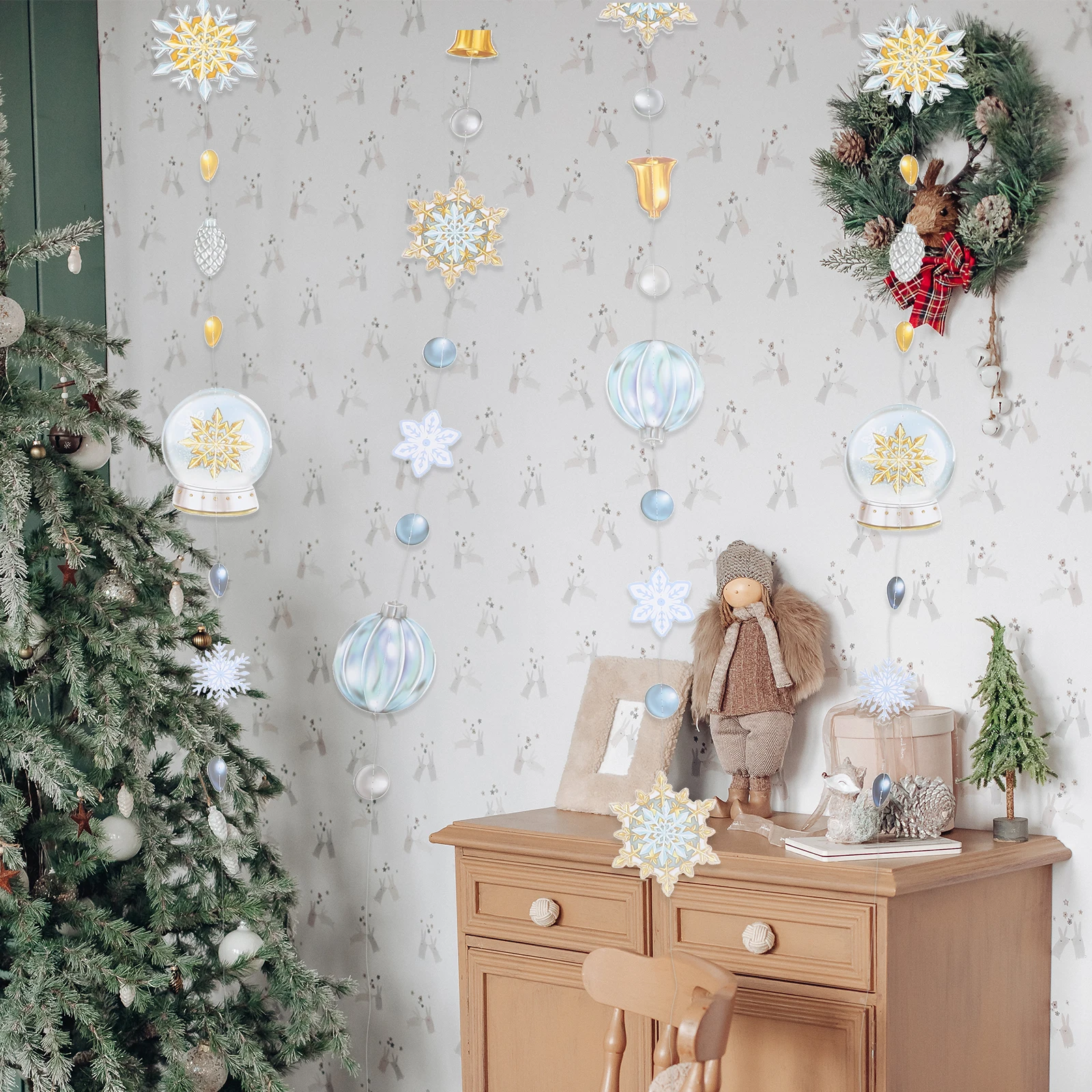 

4Pcs Christmas Hanging Garland Snowflakes Bell Paper Bunting Decorations for Indoor Party Home Window Door Tree Festive Setup