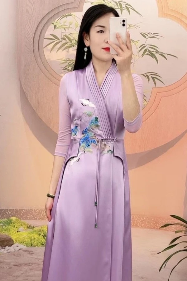 

Весна и осень 2021, китайский улучшенный костюм Тан, платье, женское длинное элегантное свободное платье Cheongsam с v-образным вырезом и половиной рукавов с вышивкой