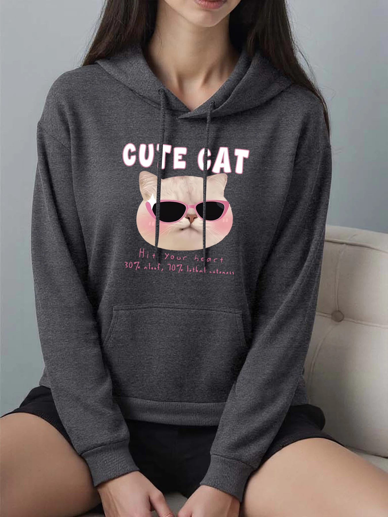 

Милые солнцезащитные очки с забавным принтом кота, женская толстовка с капюшоном, свободная универсальная толстовка, осенняя флисовая уличная одежда, повседневная женская одежда в стиле хип-хоп