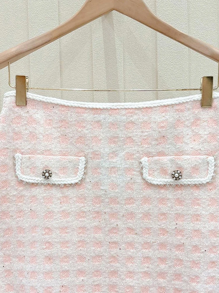 Maje Migi Moda Fena de Alta Qualidade Cardigan Aberto de Tweed Rosa Tricotado com Manga Longa Estilo com Botões Fibra de ...