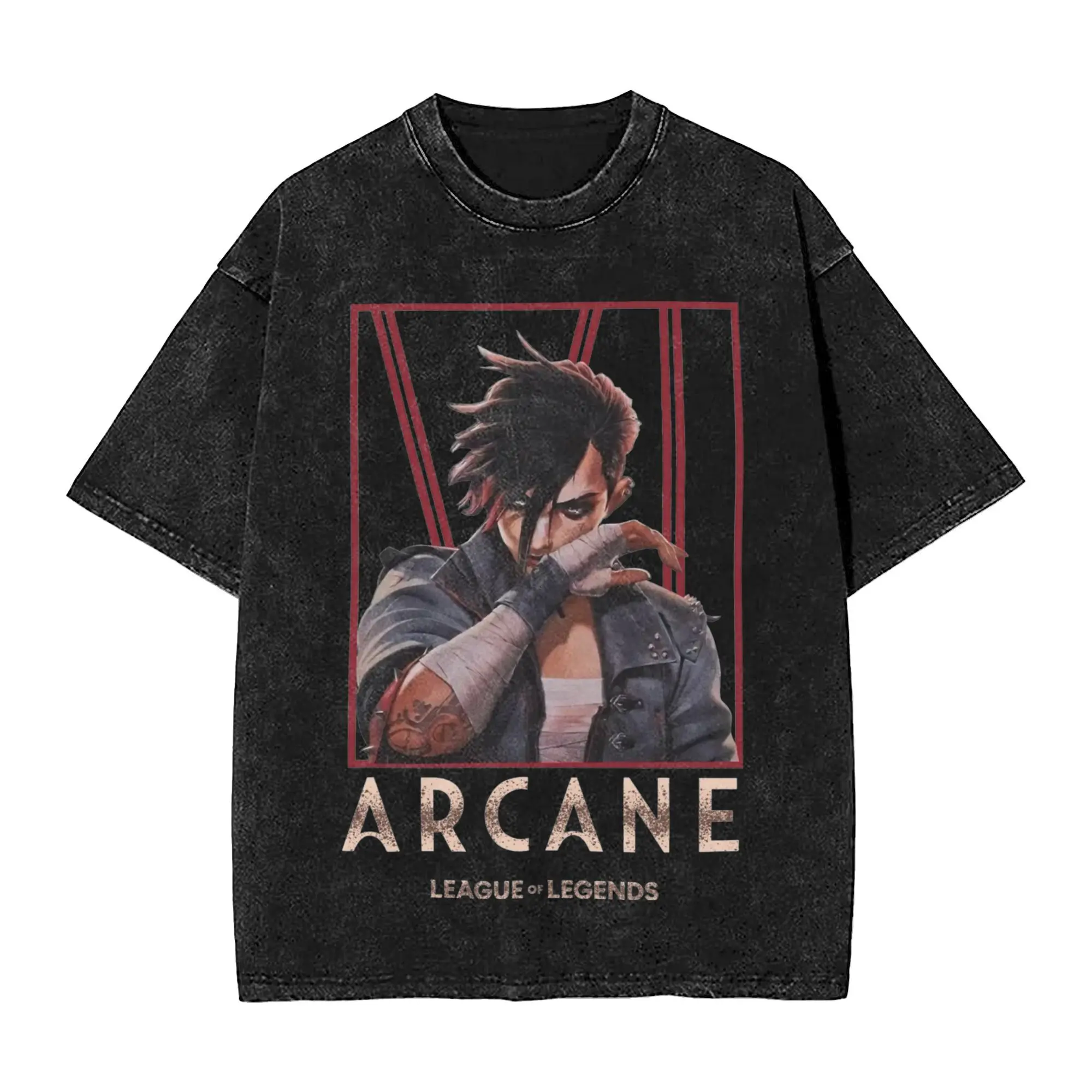 Vi Arcane Violet Character Movies Washed T Shirt Streetwear Hip Hop Vintage T-Shirt Tees Tops Men Women Short Sleeve High Street