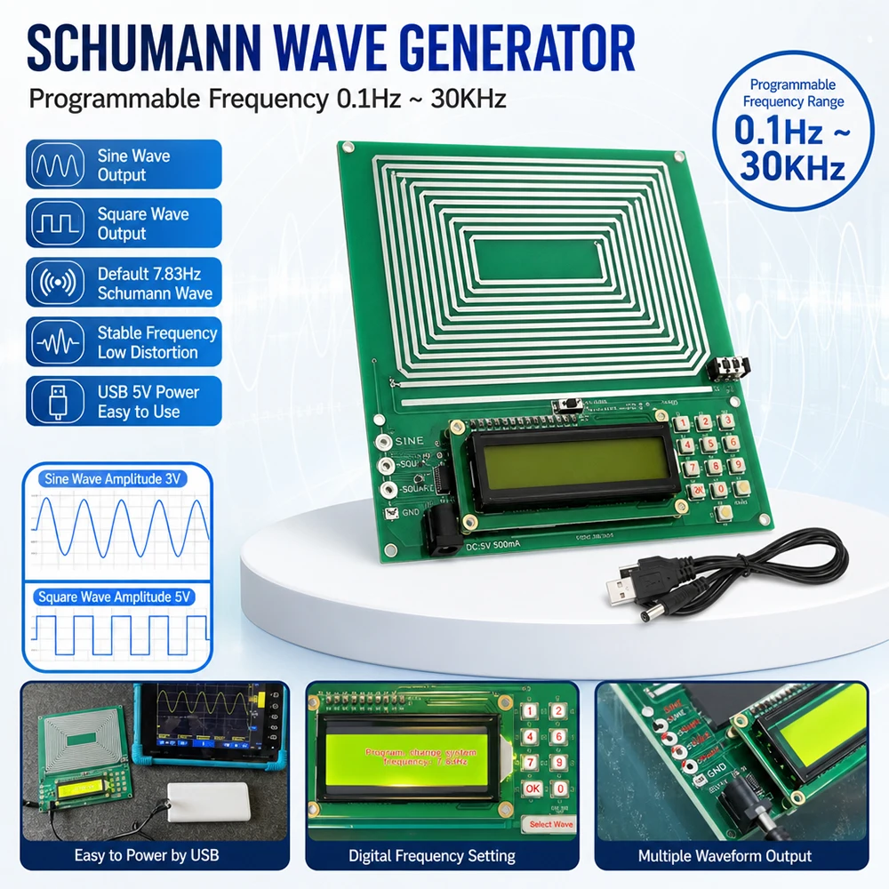 Programmable Schumann Resonance Generator 7.83Hz 0.1Hz-30kHz Adjustable Sine Square Inverted Wave Crystal Oscillator USB Powered for Relaxation Audio