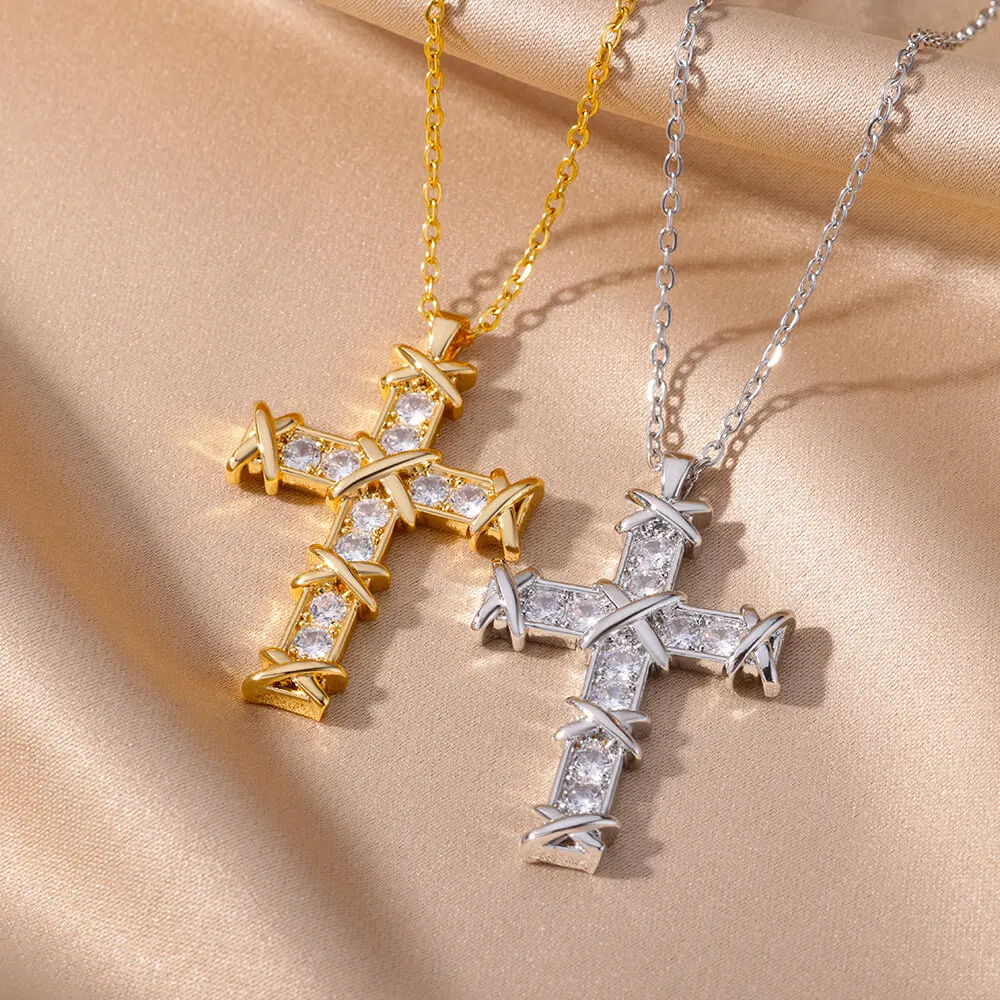 Cross Zircon Necklace for Women Men Gold Plated Stainless Steel Clavicle Chain Necklaces Vintage Religion Aesthetic Jewelry 2023