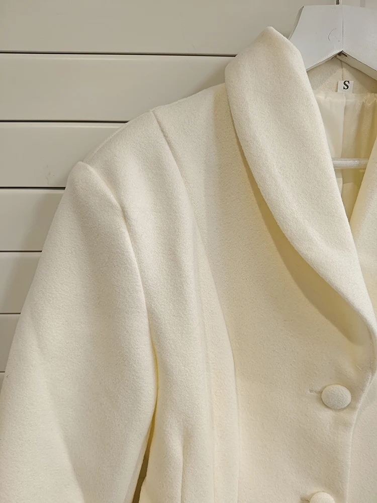 Eleganter langer Wollmantel für Damen, einreihiger Reverskragen, schmale Taille, maßgeschneiderte, formelle Oberbekleidung in voller Länge, creme/schwarzer Mantel