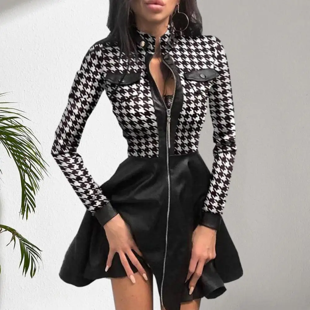 

Элегантное женское платье, стильное клетчатое платье А-силуэта с принтом, Элегантная модная женская повседневная одежда из искусственной кожи, женское платье с принтом