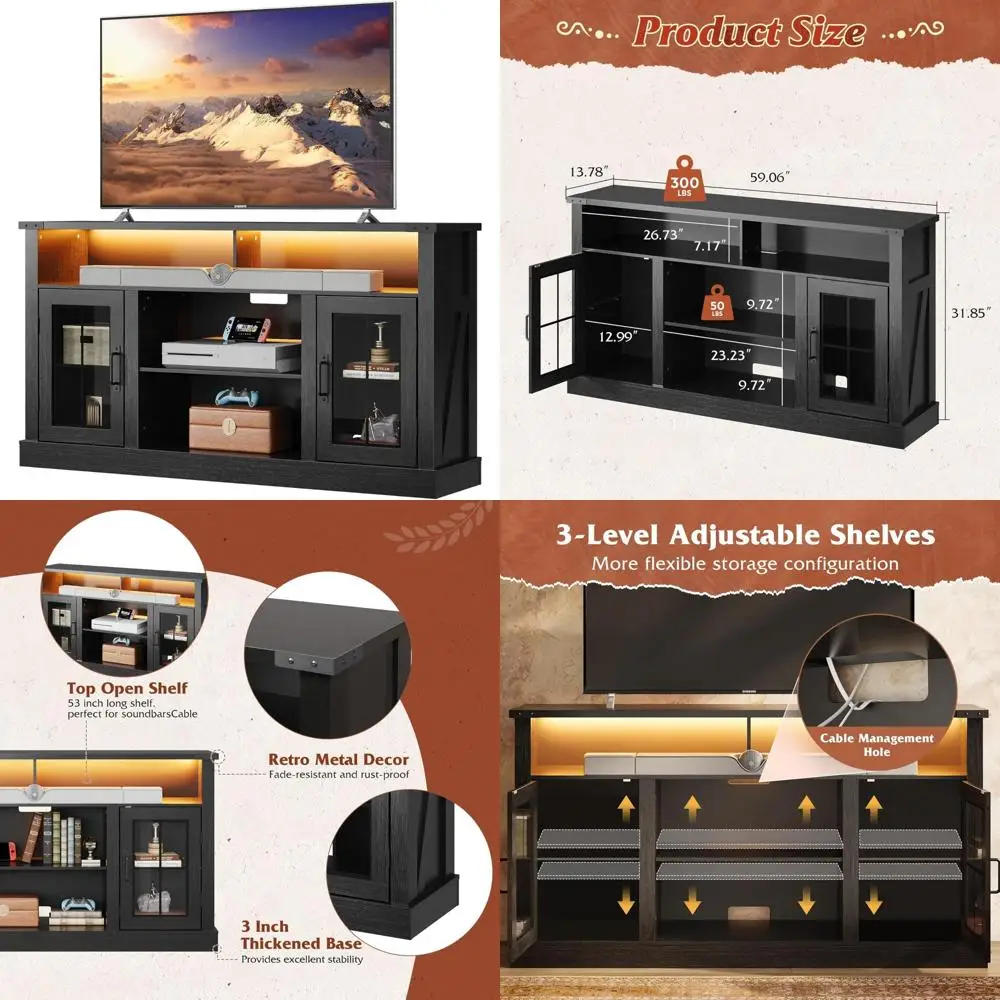 65 حامل تلفزيون مع مصابيح LED ومخزن، ومركز ترفيه طويل، وطاولة وحدة تحكم الوسائط