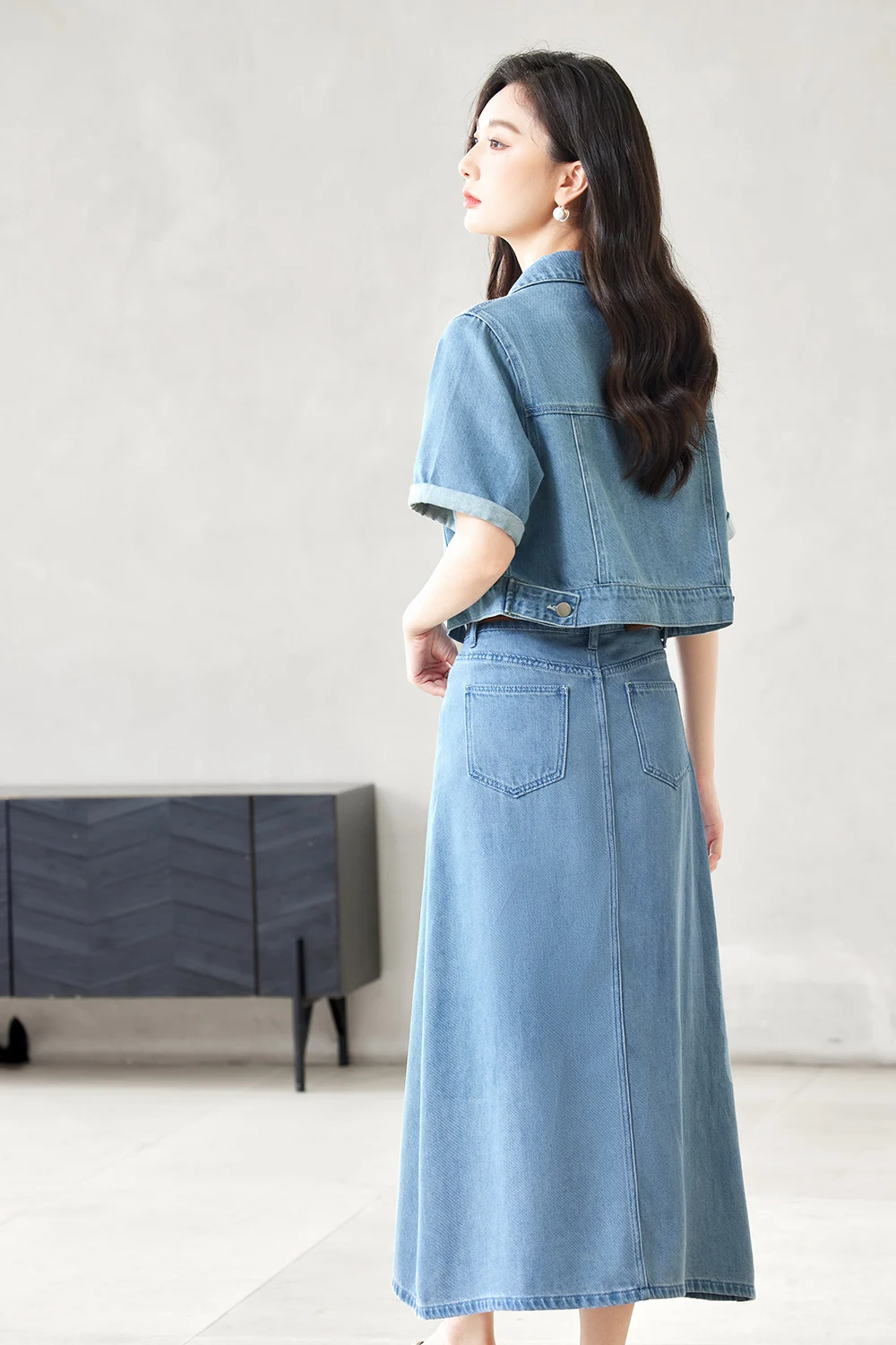 VIMLY Women\'s Washed Vintage Casual Denim Skirt Set Summer Short Cardigan Lapel Jacket + Slit A-Line Skirt Workwear 2pcs Set