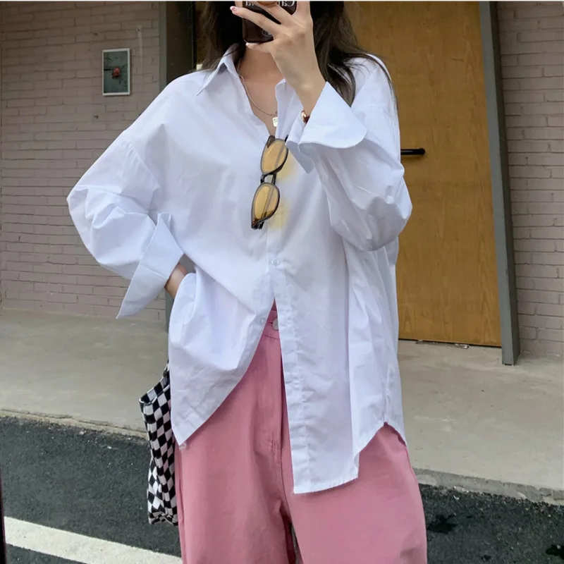 

Oversized Solid Color Shirt Women Long-sleeve Korean Loose Fashionable Mid-length Blouses Turn-down Collar BF Streetwear Tops