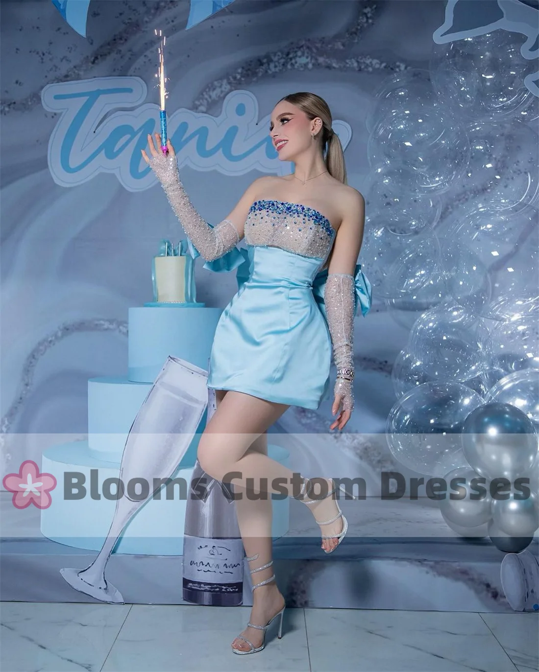 Blooms Glitter Beads Strapless Mini Customized Evening Dresses Satin Prom Dress Bow Above Knee With Gloves Cocktail Party Gown