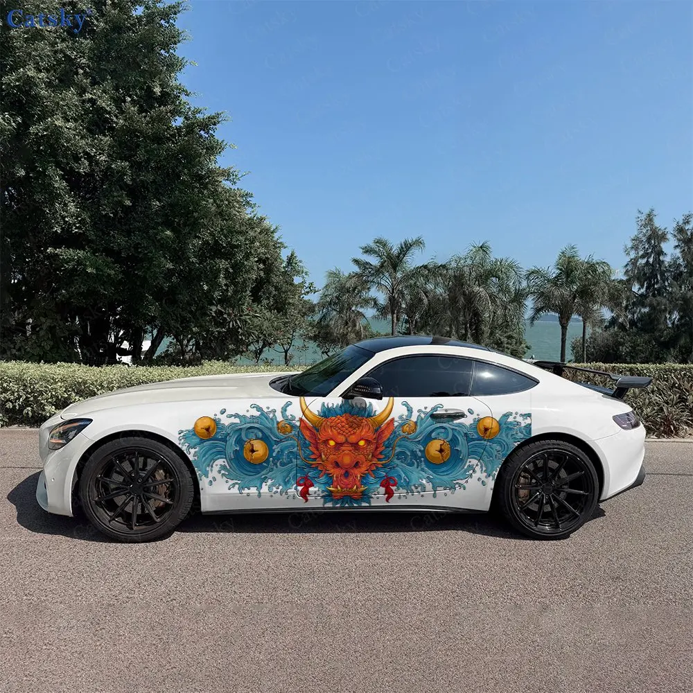 2pcs Fierce Dragon Pattern Car Side Wraps, Self-Adhesive PVC Waterproof & Scratch-Resistant Stickers, Car Accessory Gift