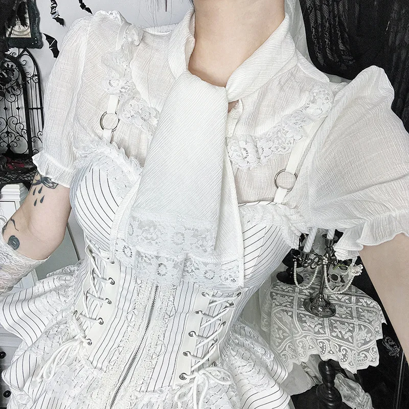 

Dark Style Vintage Striped Lace Patchwork Vest Tops White Elegant Slim Suspender Outfits 2025 New Gothic Slim Sexy Hottie Tops