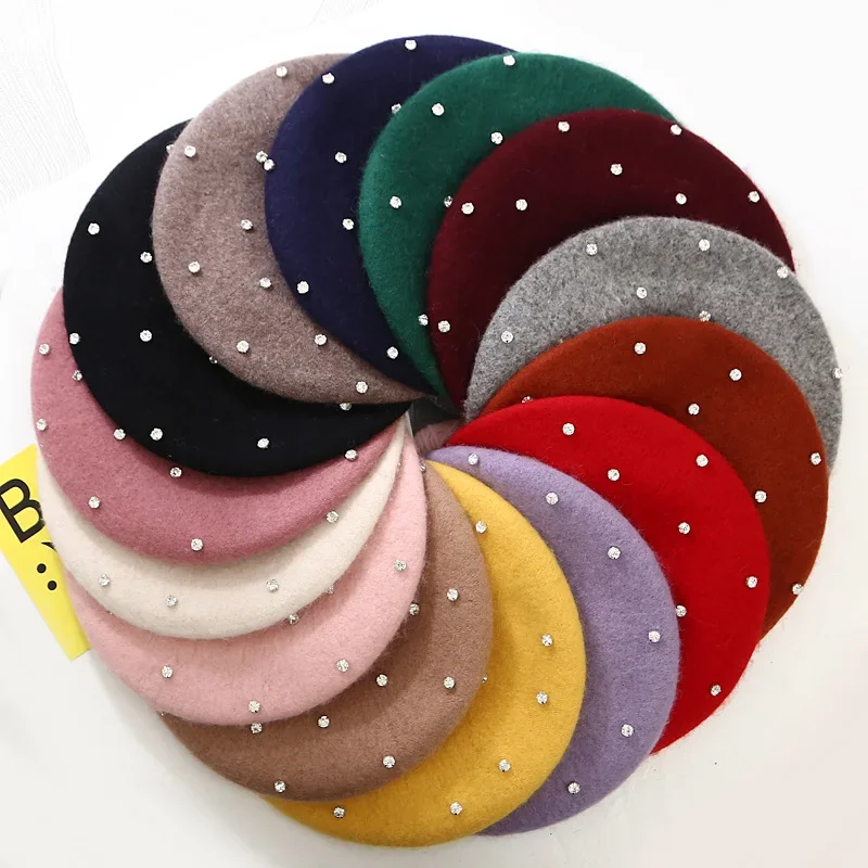 14 Colors Women Winter Wool Berets Pearl Rivet Vintage Cashmere Female Warm Girls Classic Flat Cap Beret Women Painter hats