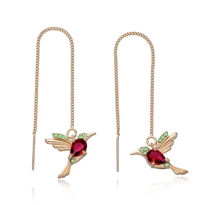 1pair Creative Fashion Shining Exquisite Cute Long Chain Hummingbird Animal Threader Earrings, Elegant Ear Lines, Birthday Party