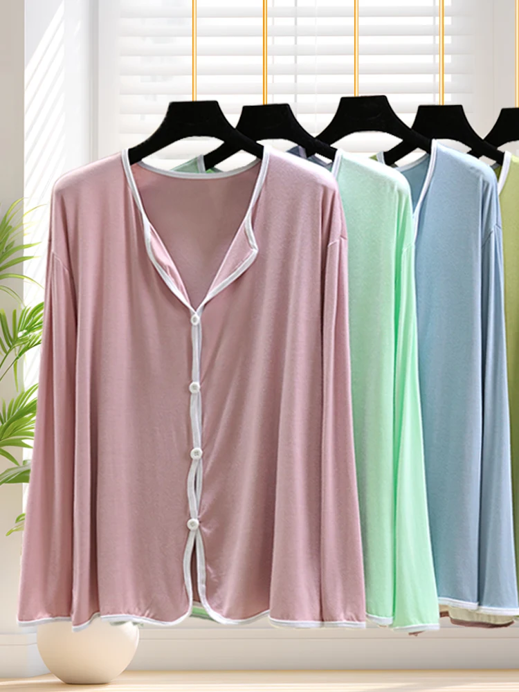 

Loose Modal Sleepwear Top Women's Casual Thin Long Sleeve T-shirt V-neck Home Clothes Comfortable Breathable Autumn Top