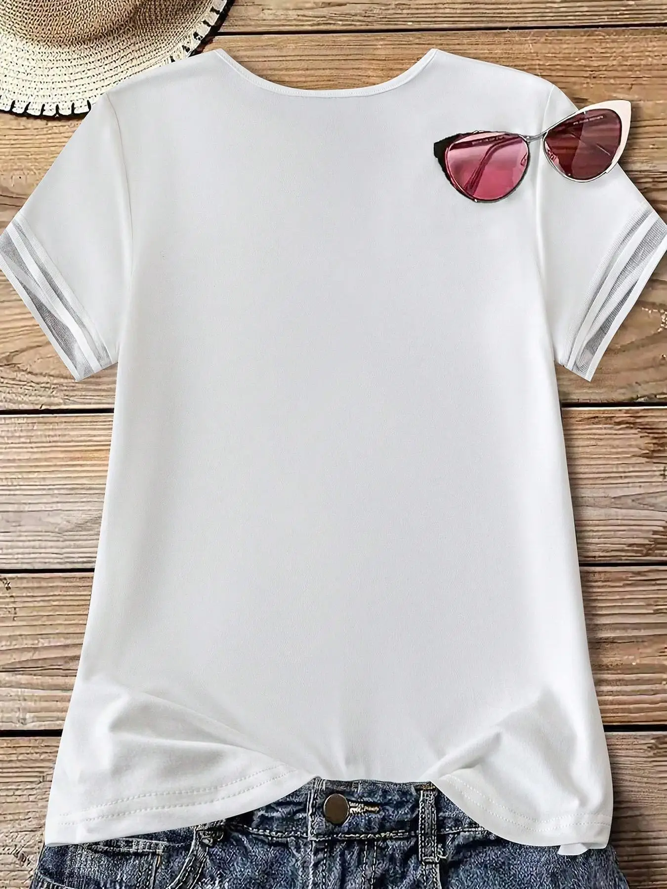 Women's Summer White V-Neck Short Sleeve T-Shirt, Mesh Spliced Sleeve Loose Casual Breathable Daily Top
