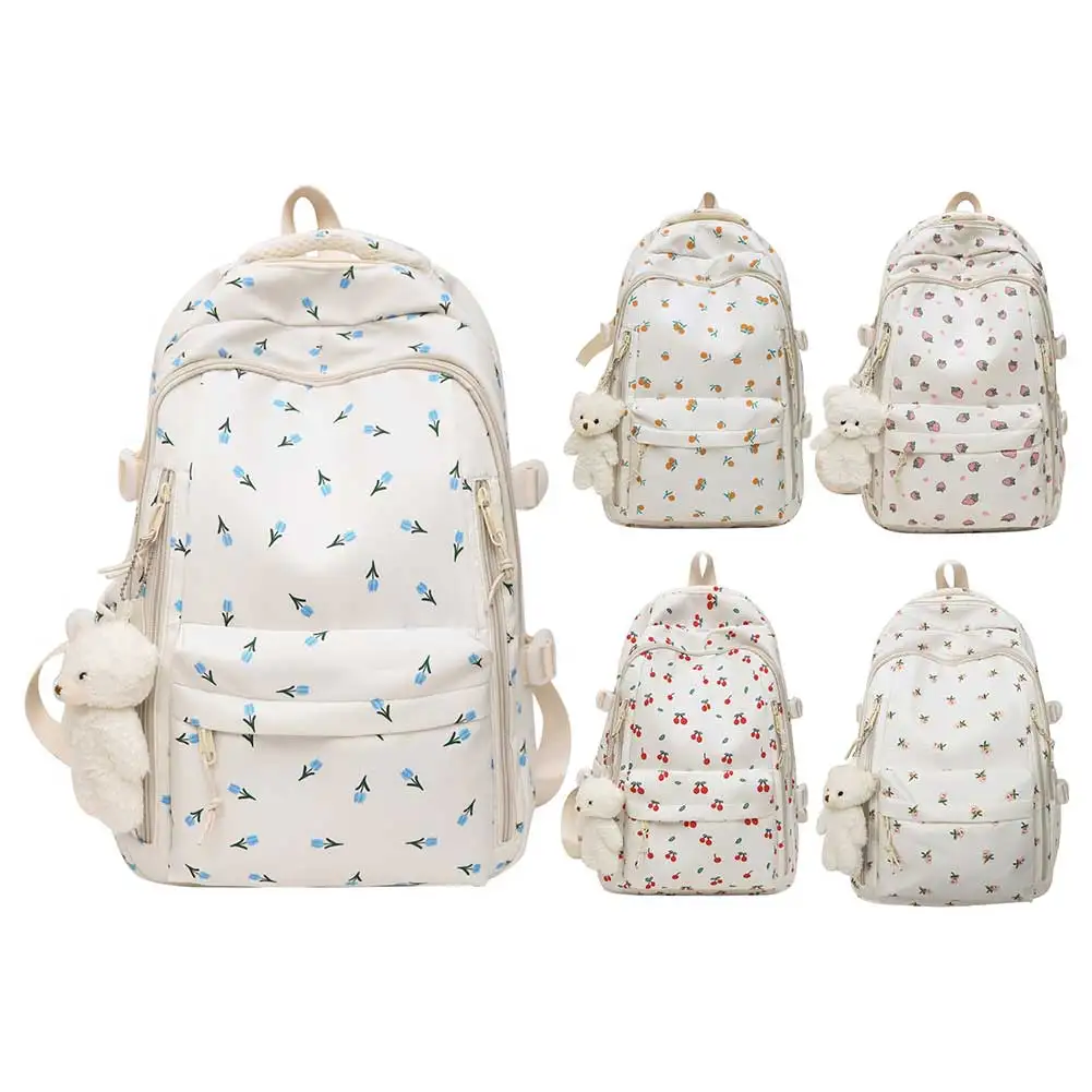 

Girls Cute Floral Print Rucksack Sweet Floral School Bookbag with Pendant Large Capacity Travel Backpack Casual Laptop Daypack