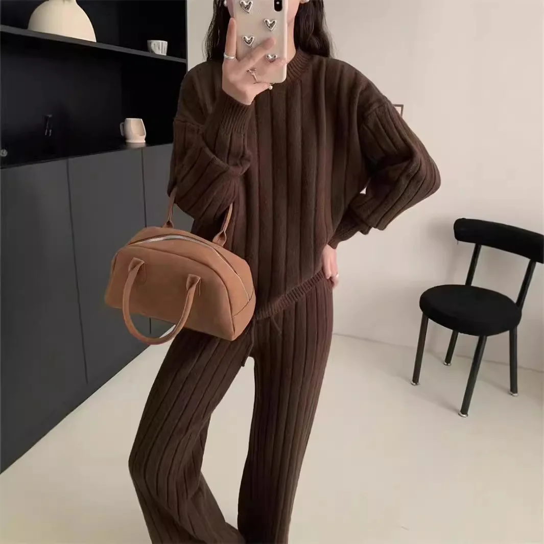 Autumn Winter 2 Pieces White Women\'s Sets Knitted Tracksuit Turtleneck Sweater and Straight Jogging Pant Suits 2024 New