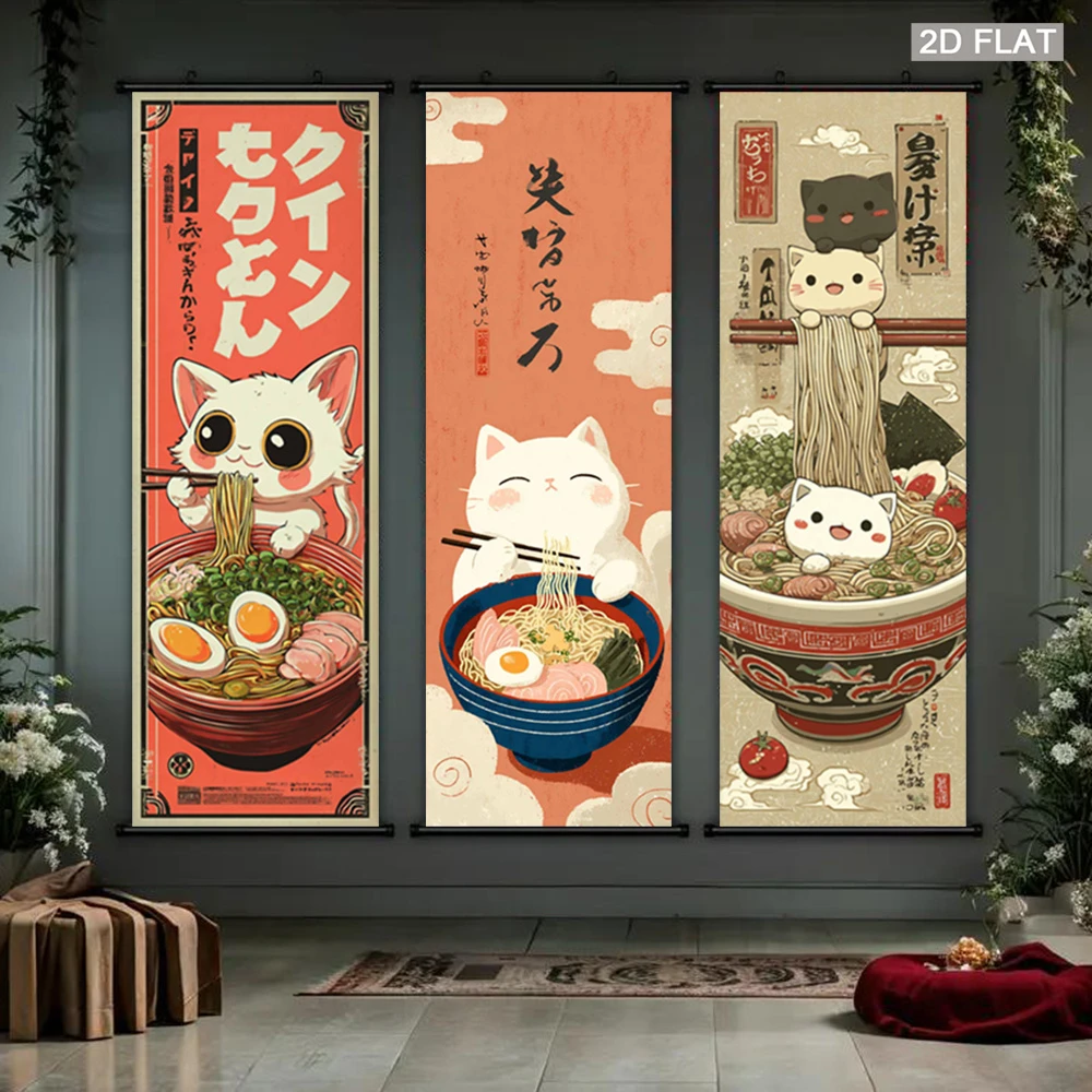 VIKAMA Retro Kitten Ramen Wall Scroll Tapestry, Fun Cat Eating Noodles Hanging, Anime Fabric Poster, Japanese Kitchen Wall Decor