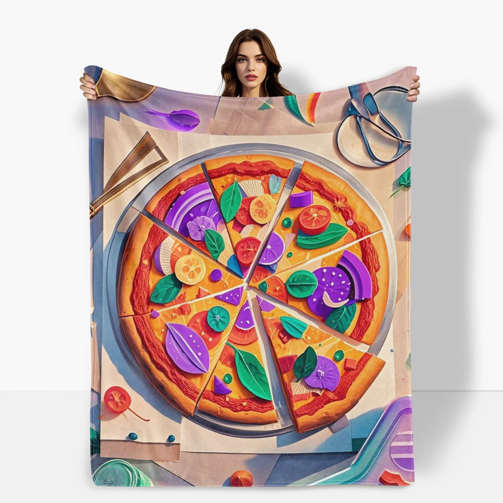 Pizza Plate And Spoon Inspired Illustration Blanket For Unique Home Decor And Creative Gift Idea With Artistic Patterns