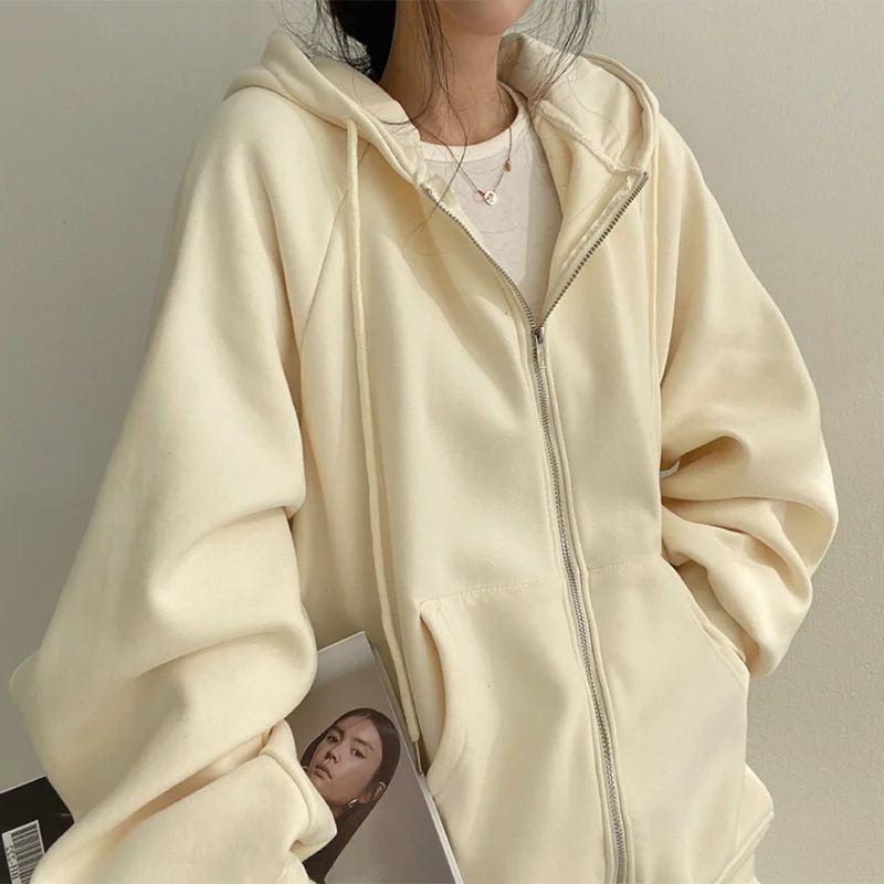 Chic Autumnal Lazy Sle Con cappuccio Cerniera ket Design Allentato Casual Lungo Sve Felpa Jaet Capispalla Faion da donna