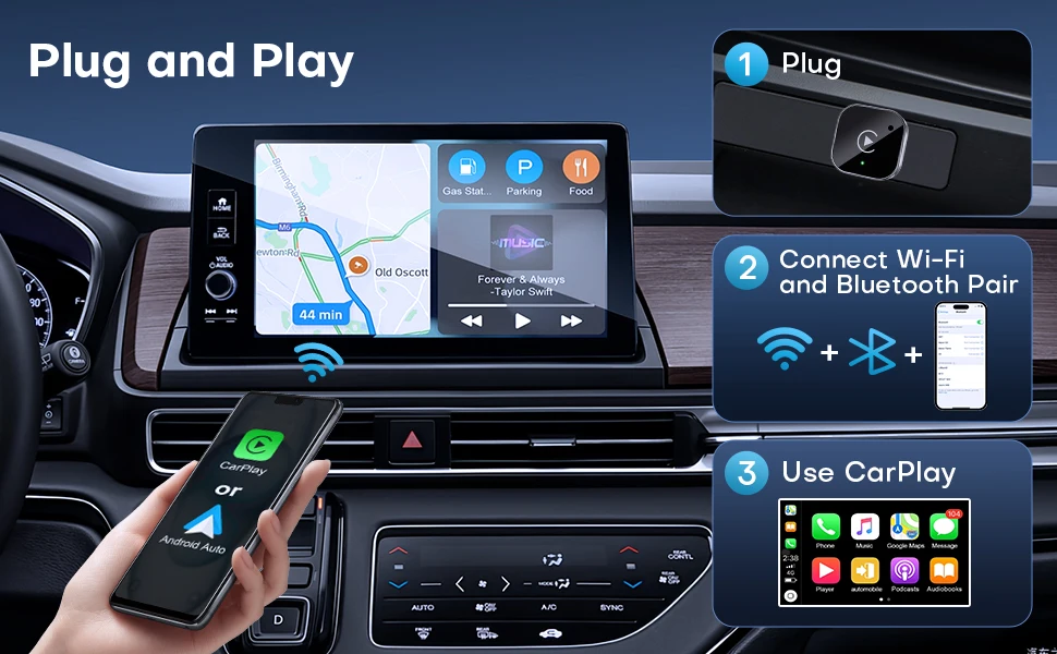 Kabelloser CarPlay-Adapter und Android Auto-Dongle, schnelle automatische Verbindung, kompakter Plug-and-Play-Kabelloser CarPlay-Konverter für iPhone und Android, USB/USB-C, keine Verzögerung, nahtlose Wiederverbindung (Schwarz) – Detail 4