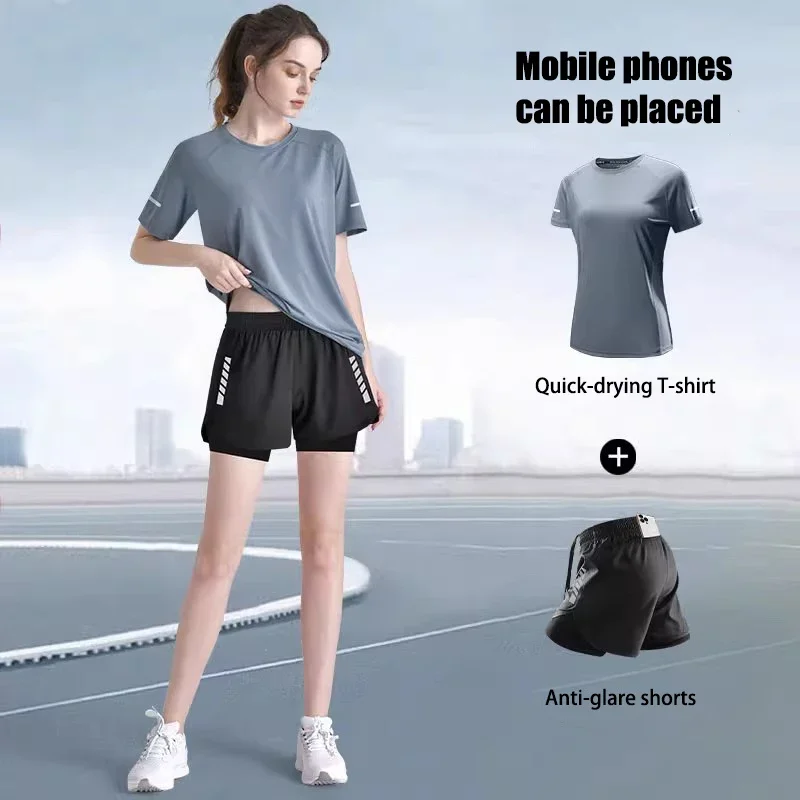 

New yoga ice silk quick-drying suit for women's marathon running, short sleeves and shorts