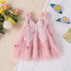 Summer Children'S Clothing Girls' Baby Dress Girls' Cartoon Embroidery Butterfly Wings Cute Suspender Mesh Princess Dress