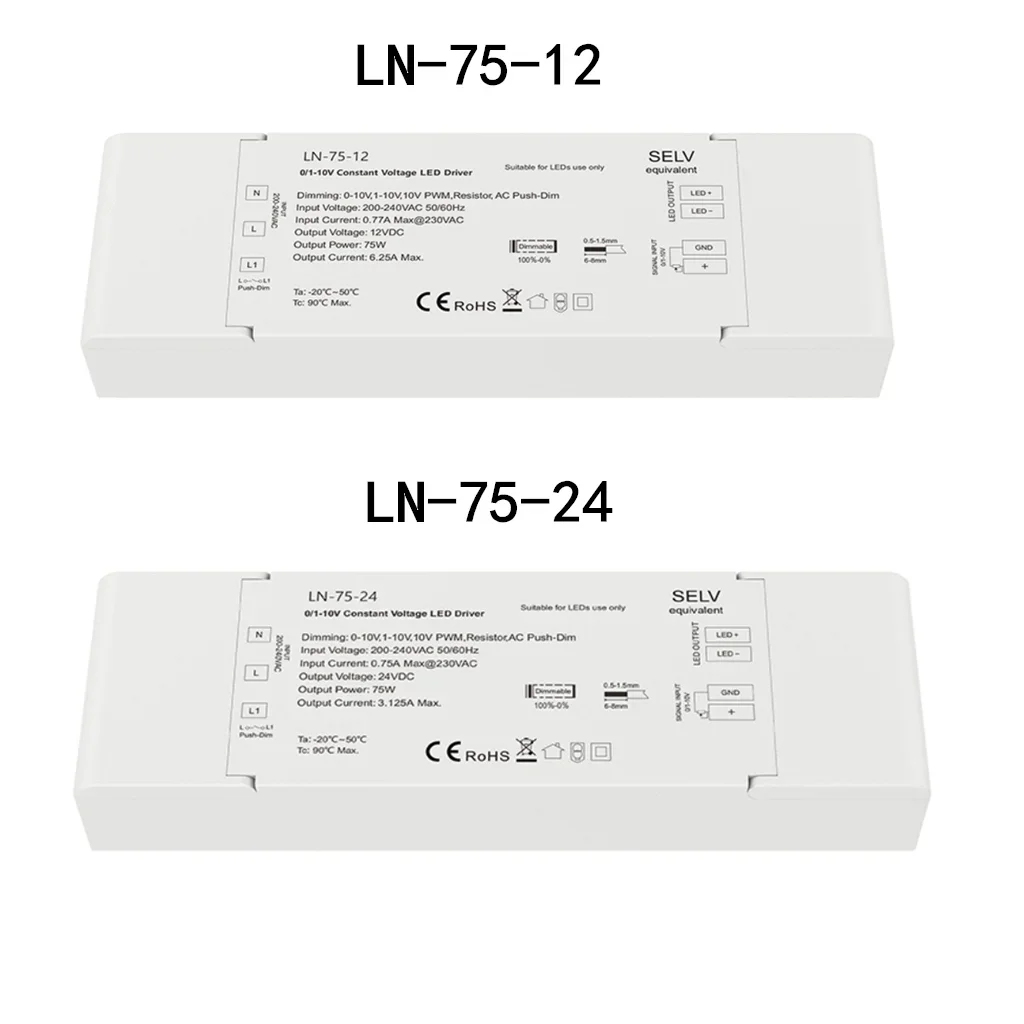 

75W 0/1-10V Dimmable Driver Resistor Push-Dim AC 110V 220V To DC 12V 24V LED Power Supply For 5050 2835 3528 LED Lighting Tape