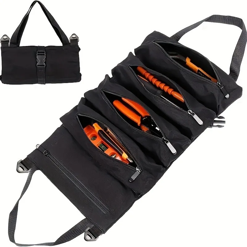 1pc Tool Roll, Multi-Purpose Roll Up Tool Bag, Car First Aid Kit Wrap Roll Storage Case, Hanging Tool Zipper Carrier Tote