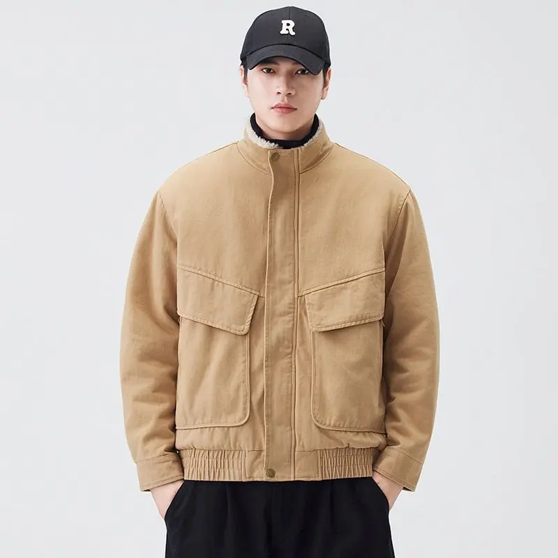 Men Winter American Vintage Lamb Inner Warm Stand Collar Cargo Jacket Loose Casual Bomber Coat Parkas Jacket Outerwear