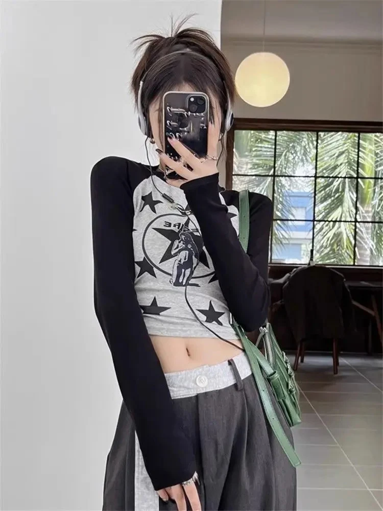 المرأة تي شيرت كم طويل ستار مطبوعة الخريف موضة سليم مثير المحاصيل القمم التباين موضة Y2k أنثى عادية تي شيرت #2