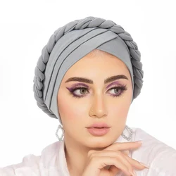 Triple Crossed Forehead Muslim Hijab Caps Women's Hijabs Headscarf Hat Chemo Hats Solid Color Braided Turban Bonnet