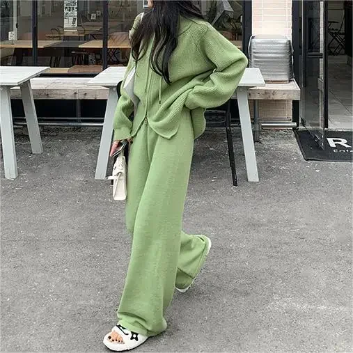 Tracksuit Knitting Two Piece Sets Muslim Women Sweater Cardigan Zipper Wide Leg Pants Suit Casual Arabic Knitwear Ensemble