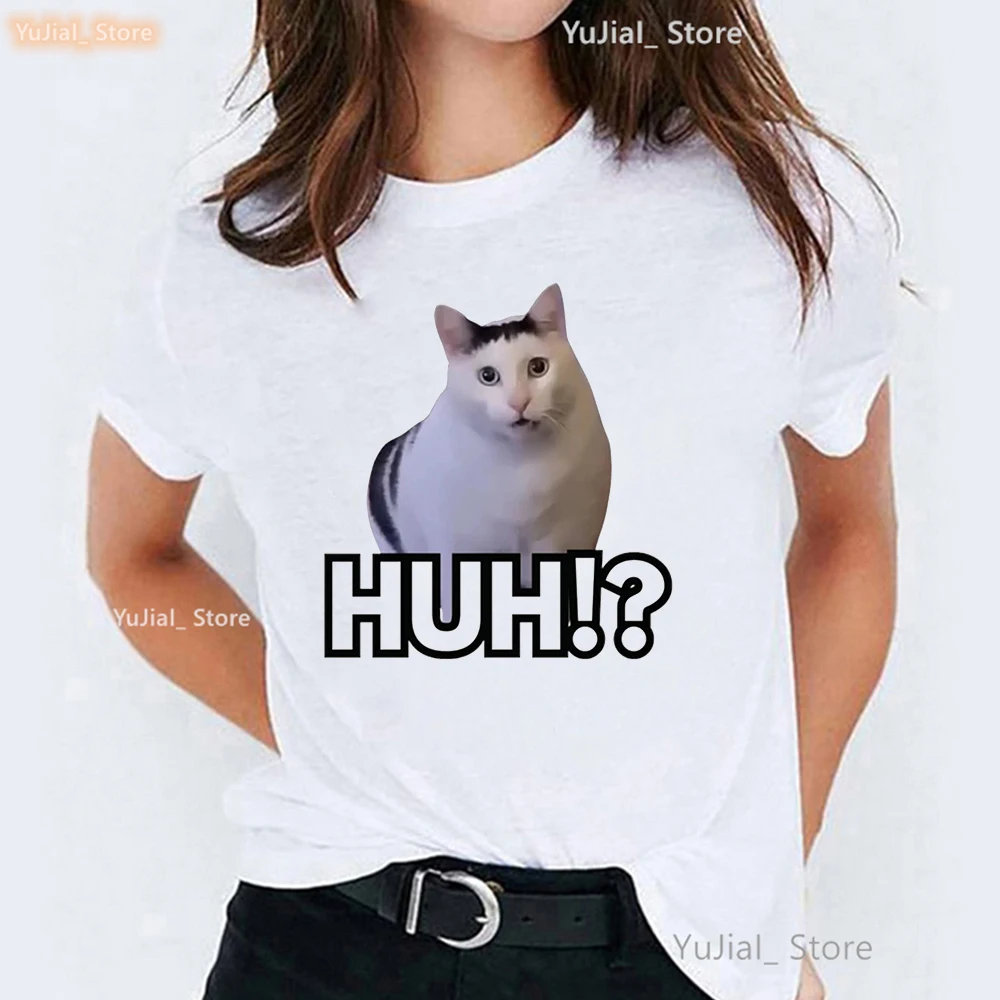 

Funny Meme Huh Cat Graphic Printed T Shirt Women Harajuku Kawaii Clothes Summer Fashion Tops Tee Shirt Femme Casual T-Shirt