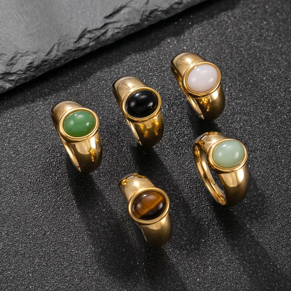 New Vintage Oval Shaped Natural Stone Ring for Women Stainless Steel Gold Color Ring Party Jewelry