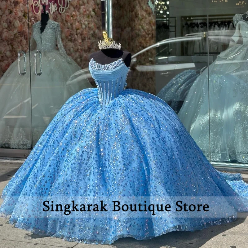 Vestido de baile de princesa con purpurina azul cielo, quinceañera, dulce 16 encaje, cuentas de cristal, perlas, Tull, Vestidos de graduación con cordones