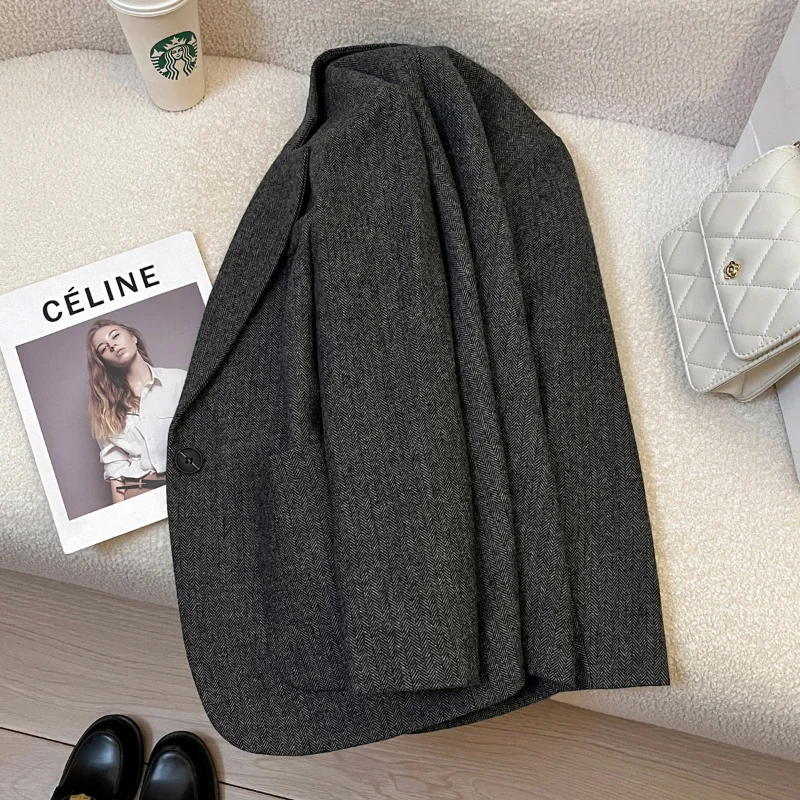 Grey Woolend Blended Suit Jacket Women's Autumn Winter 2024 New Vintage Wild Casual  Office Lady Elegant Tweed Suit