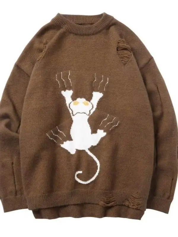 American Retro Cartoon Cat Design Hole Sweaters Oversized Pullovers Men Unisex Fashion Winter Knitted Jumper Tops Kawaii Clothes