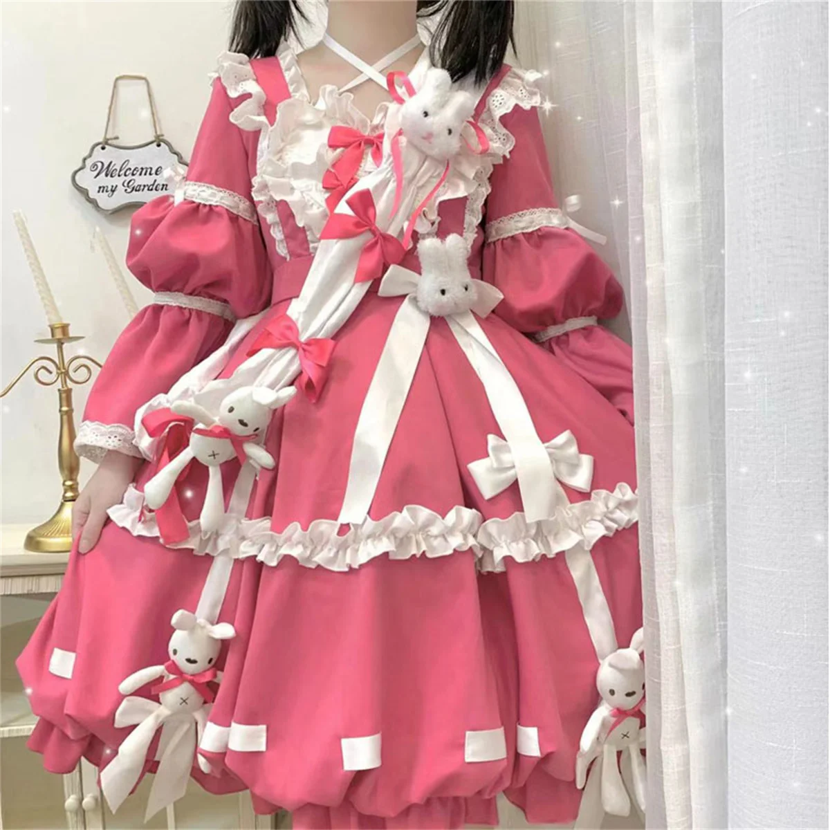 Japanese Style Cosplay Lolita Cute Girl OP Kawaii Sweet Lolita Plush Rabbit Puff Sleeves Ribbon Bow Backless Flower Bud Dress