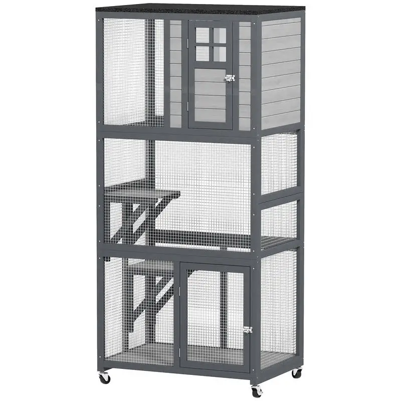 

PawHut 74" Wooden Outdoor Cat House Catio with High Weight Capacity, Cat Cage Condo, Dark Gray