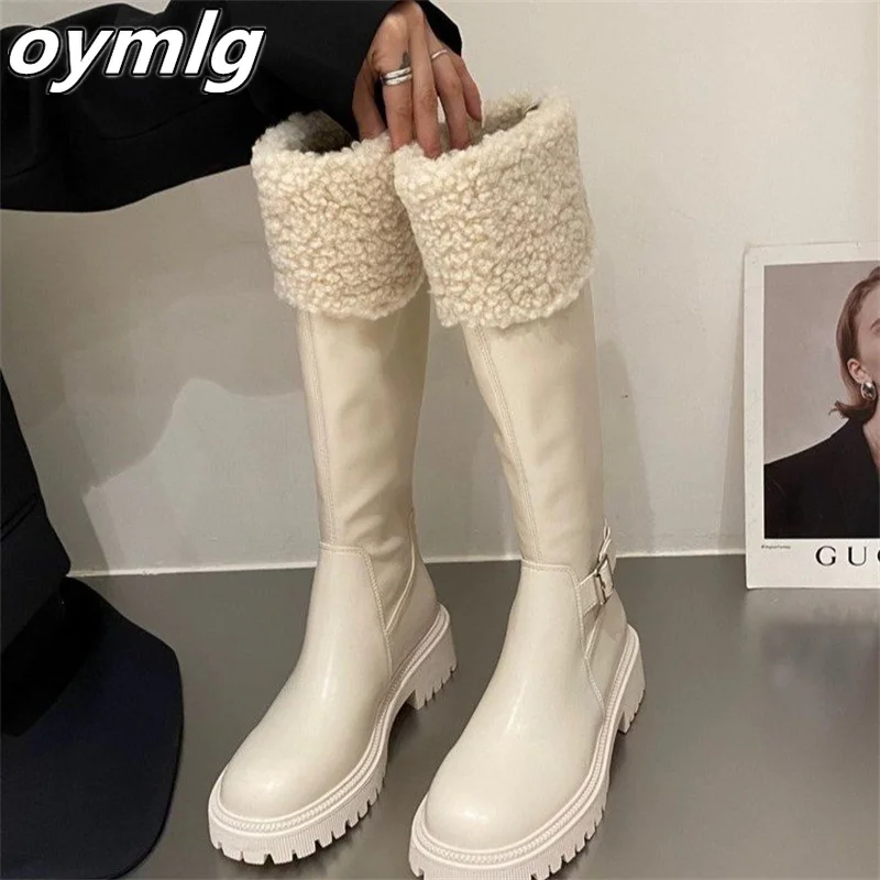 Lamb wool long boots 2024 new autumn and winter with plush snow cotton boots look slim, thick soled, high top knight boots