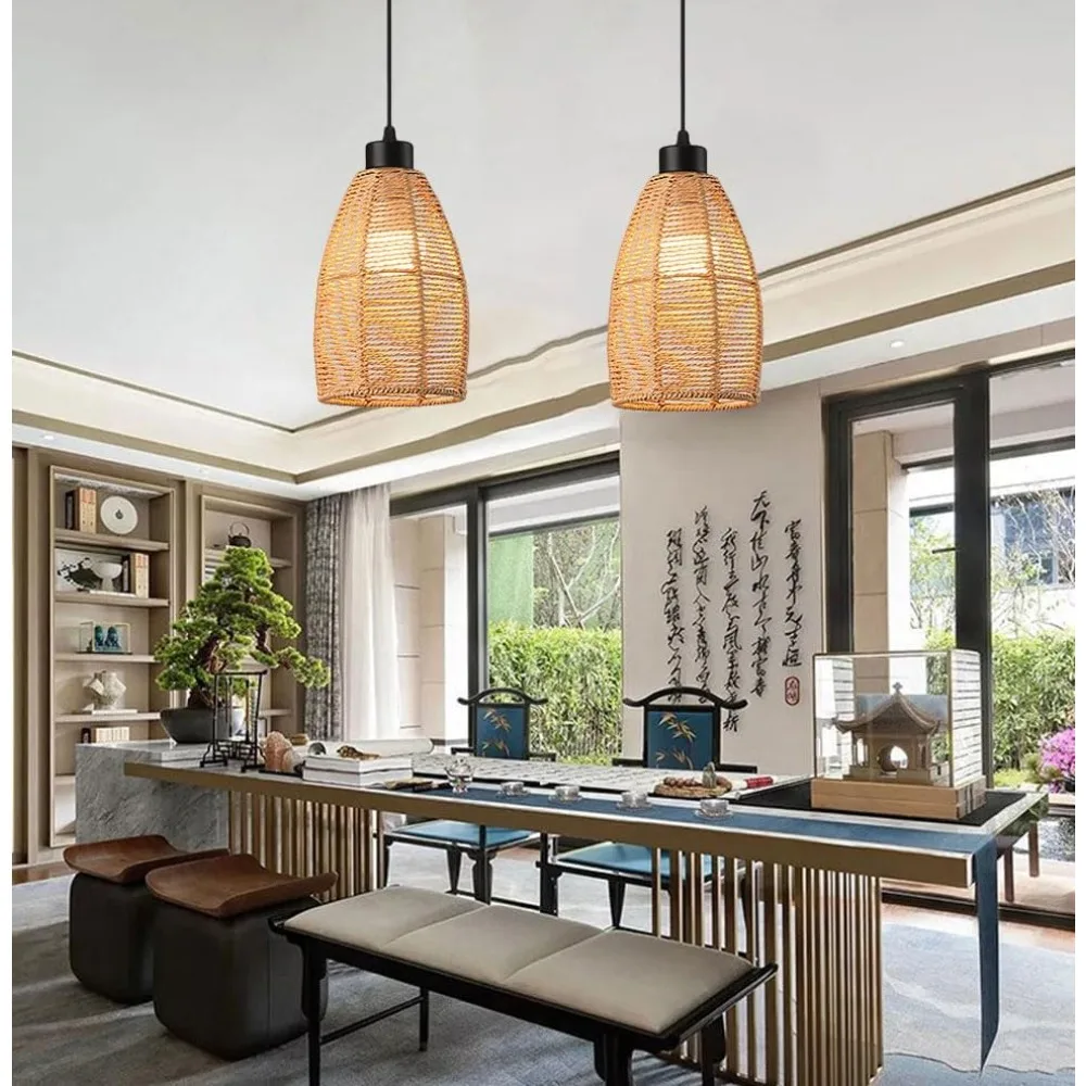 Boho Rattan Pendant Light Wicker Chandeliers Woven Lampshade Ceiling Hanging Lights for Living Room Bedroom Hallway Kitchen E27