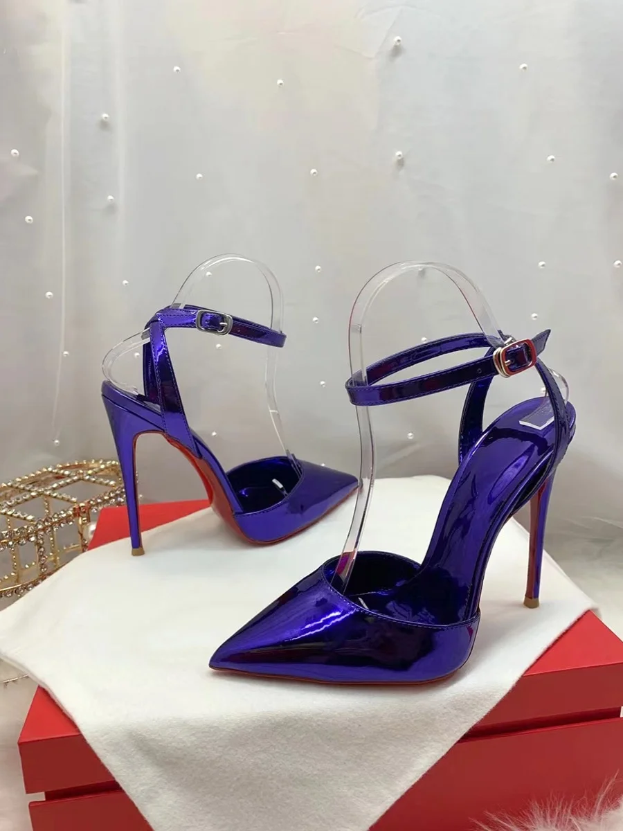 

Laser electric blue patent leather hollow out sexy thin heel straight strap women's sandals banquet nightclub super high heels