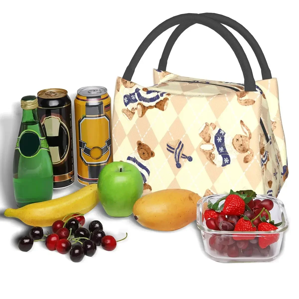 

Cartoon Bear Print Lunch Bag Geometry Casual Lunch Box Travel Thermal Lunch Bags For Unisex Oxford Graphic Design Cooler Bag