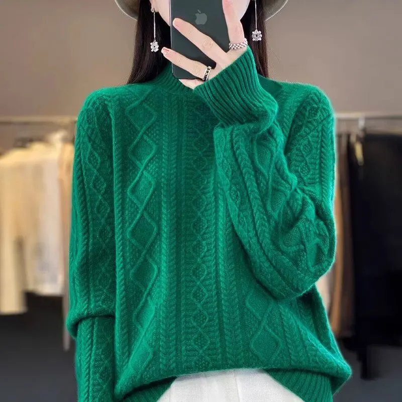 Vintage Rollkragenpullover mit Zopfmuster für Damen, Rautenstruktur, locker geschnitten, weich, warm, langärmelig, Pullover für Herbst und Winter.