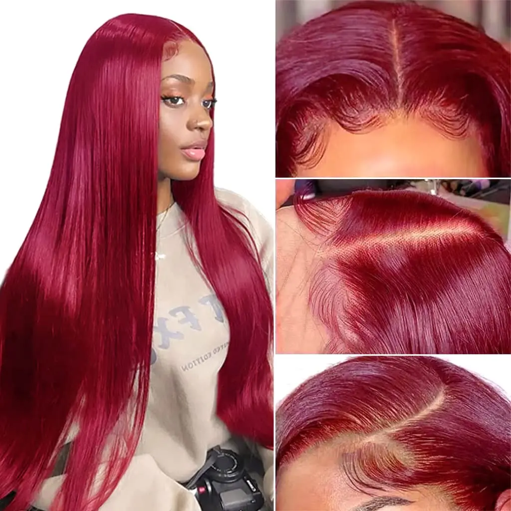 

99j Burgundy Straight 13x6 Lace Frontal Wigs Human Hair Wine Red Lace Front Wig 30In Brazilian Remy Hair 180% Lace Wig for Women