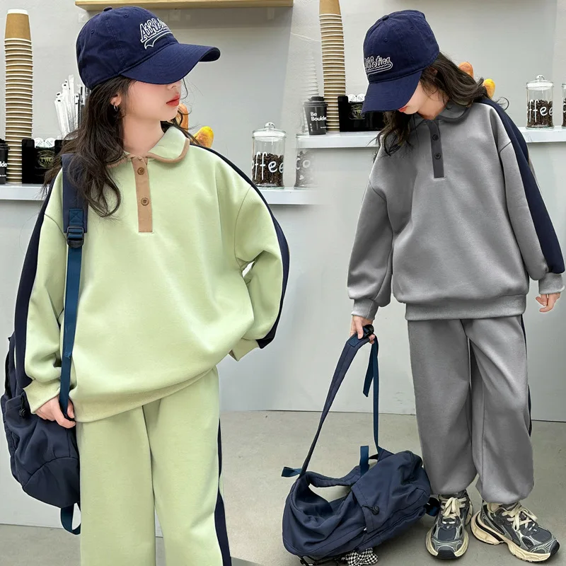 

Girls Sweatshirt Sets Autumn Polo Shirt Suit Kids Loose Top Pants 2 Piece New Children Warm Outfits Spring Casual Teen Clothes